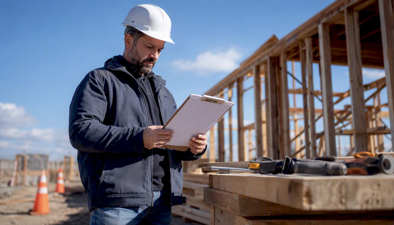 Project manager inspecting subcontractor docs at site