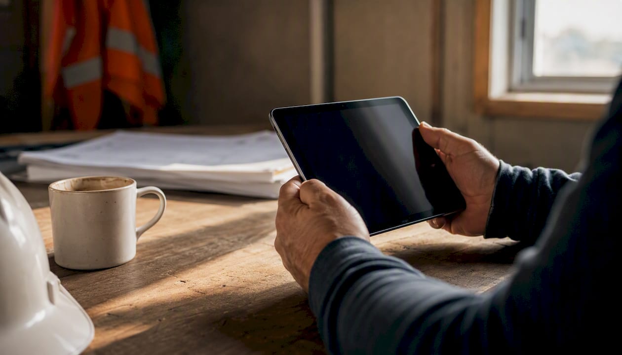 Contractor hands on tablet with site gear