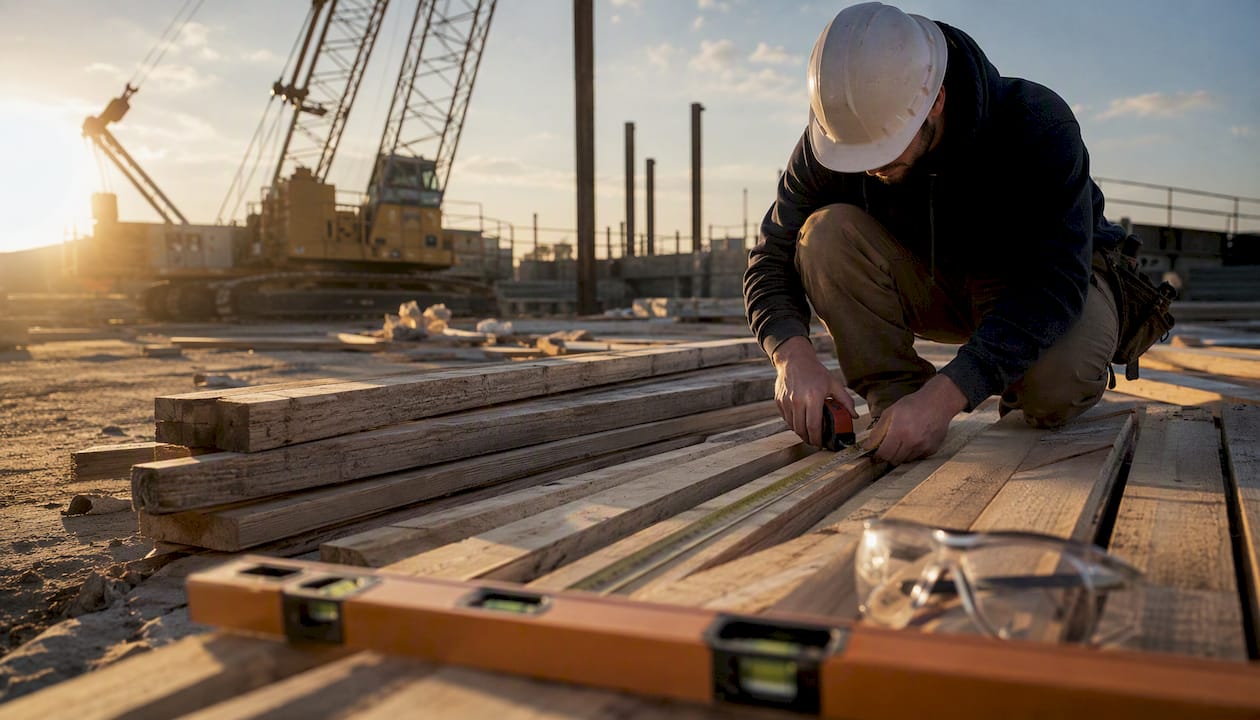 Hands using tape measure and clipboard on construction site