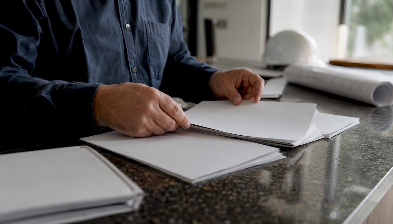 Hands with certification paperwork on office table
