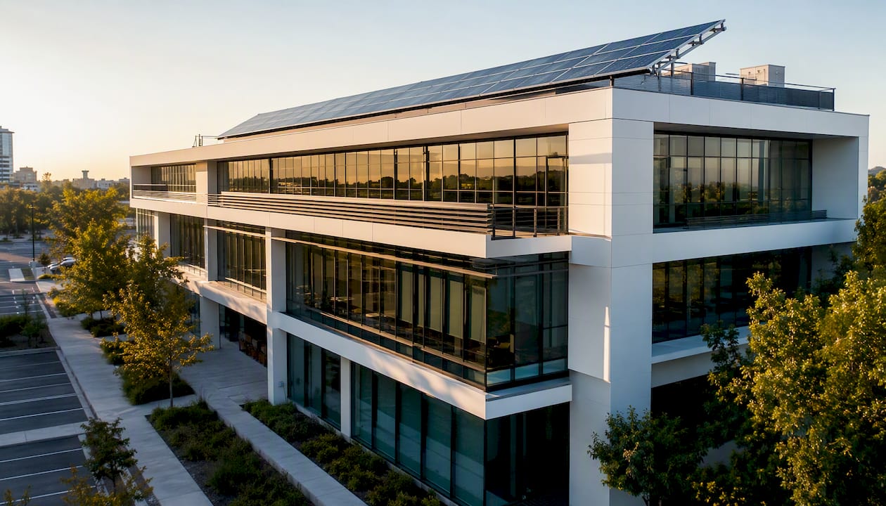 Modern office building demonstrating energy-efficient systems