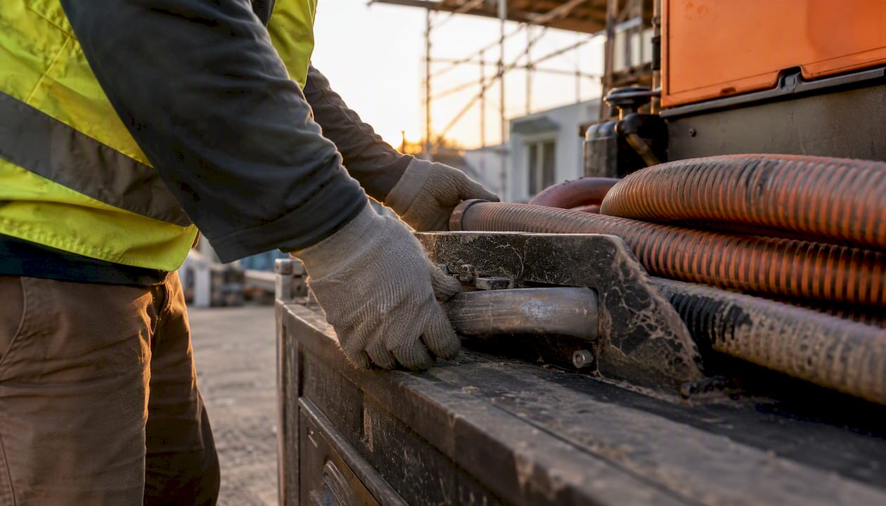 Hands inspecting construction vehicle tools and gear
