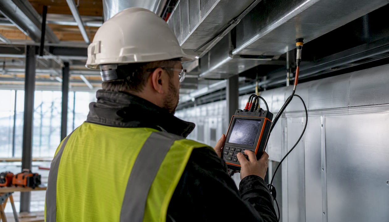 Hands commissioning HVAC system on construction site