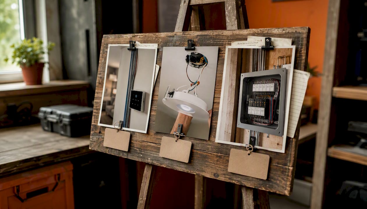 Electrician project portfolio photos on board