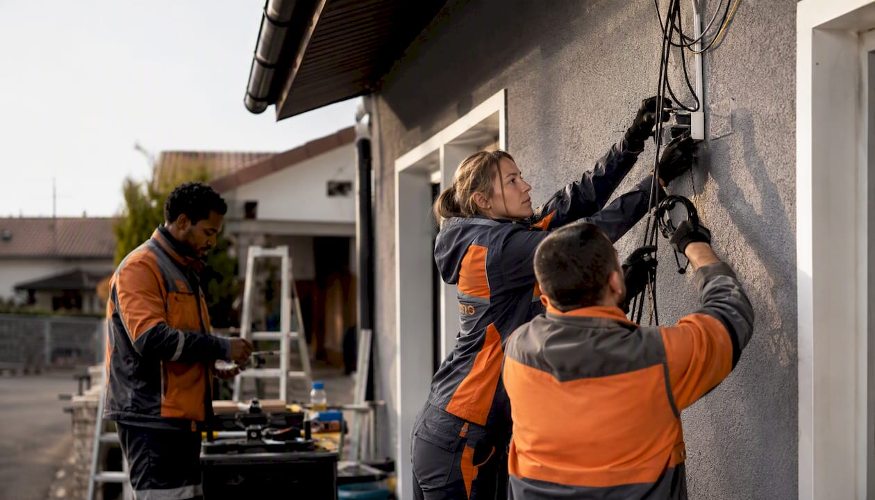 Diverse electrician crew working outdoors