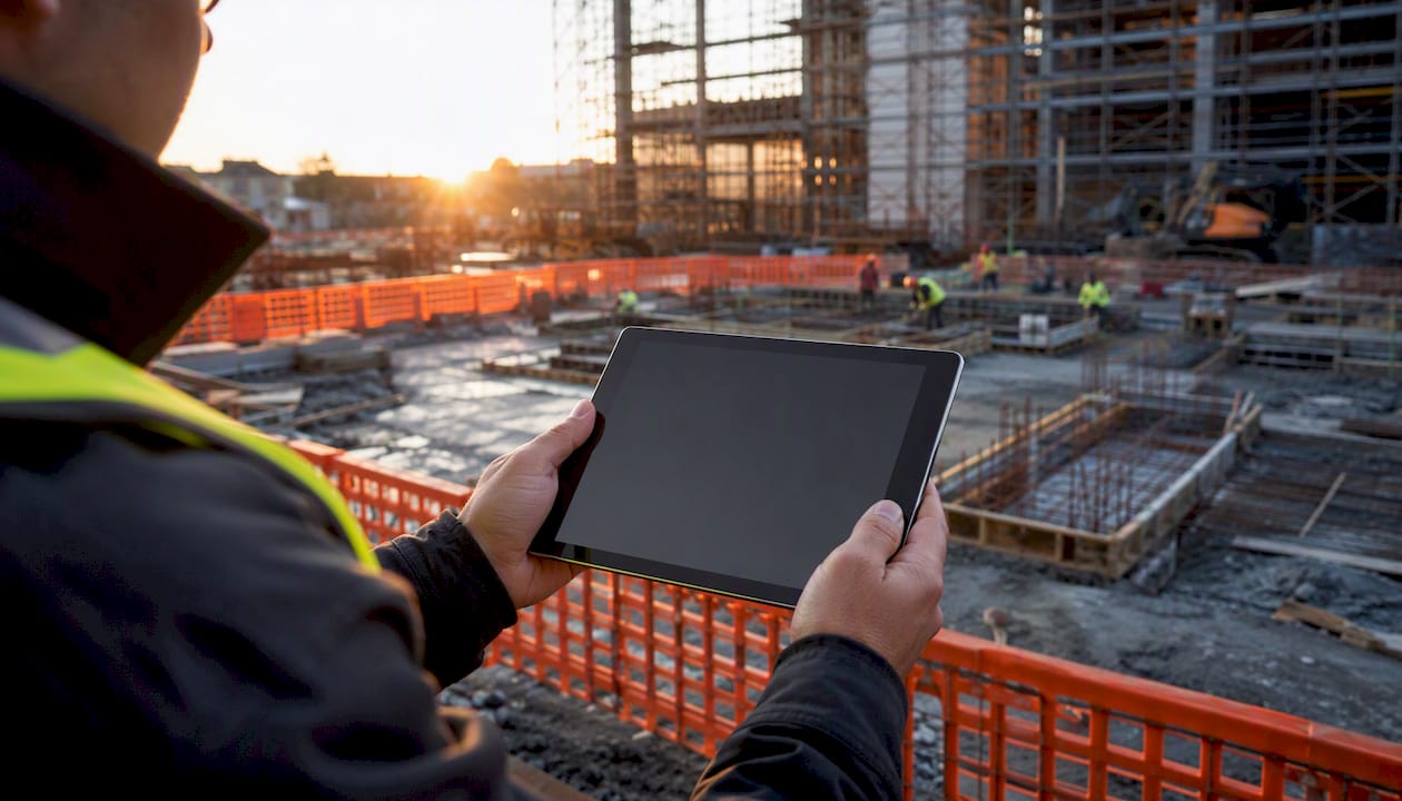 Hands holding tablet at construction site