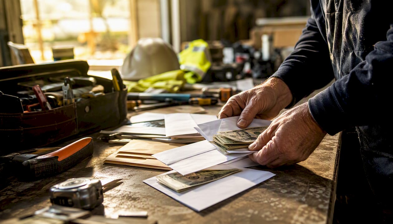 Hands preparing wage and fringe benefit envelopes