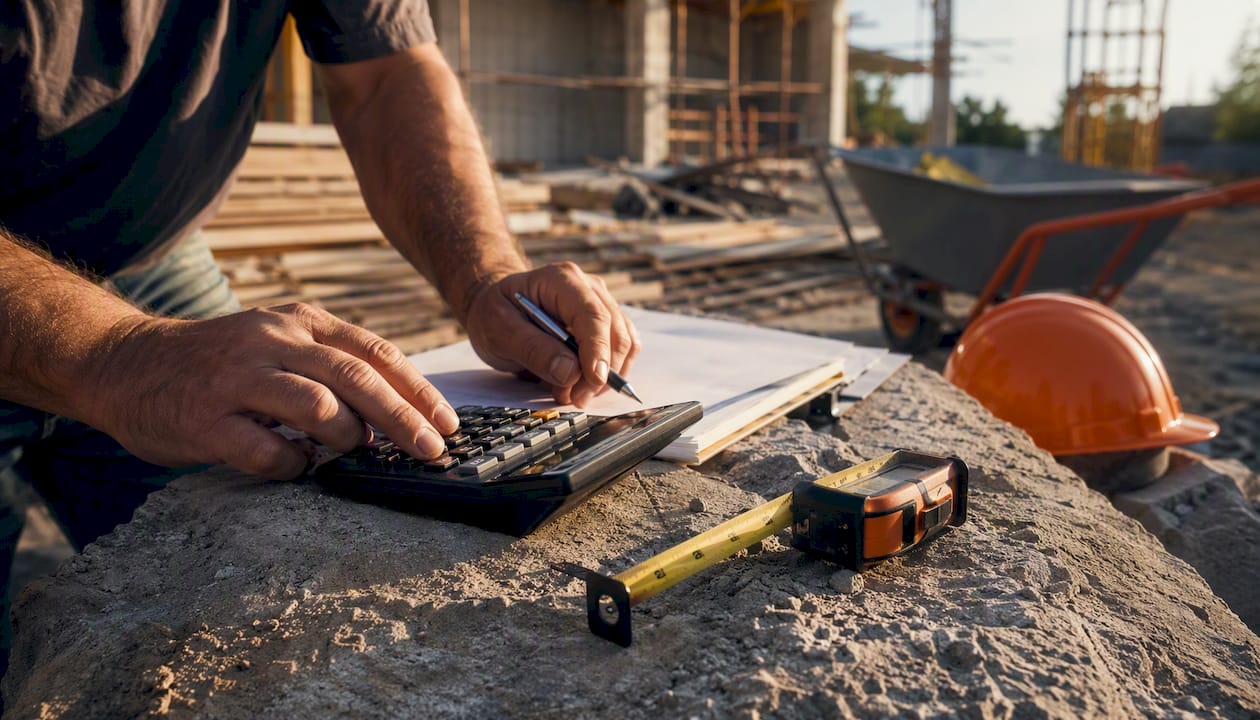 Contractor hands calculating job costs on plywood
