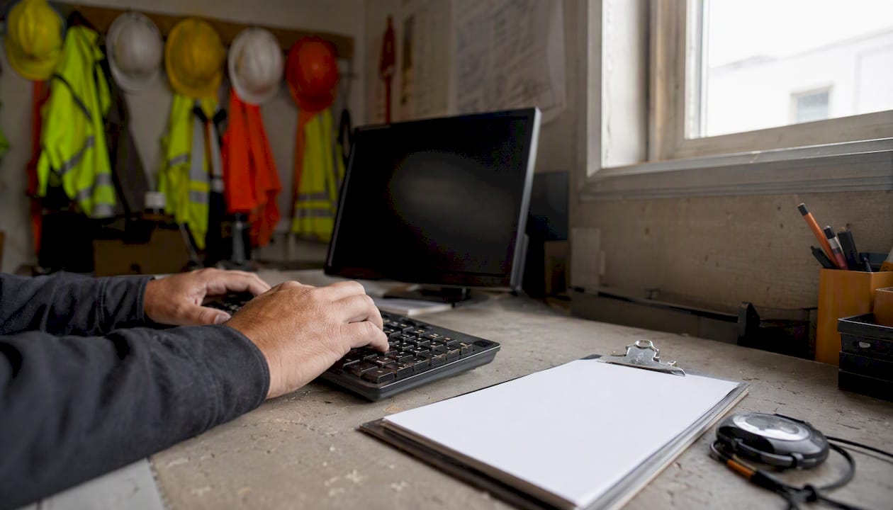 Hands typing on dark keyboard near construction gear