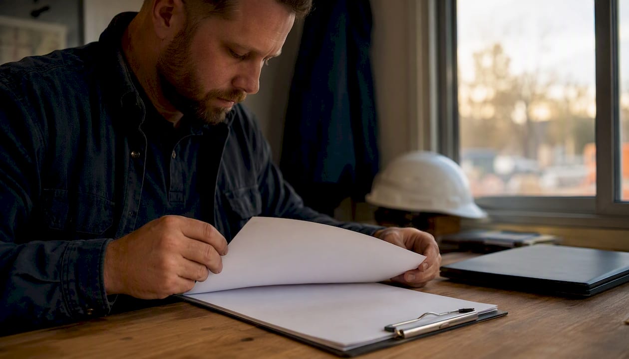 Contractor auditing spreadsheet paperwork outdoors