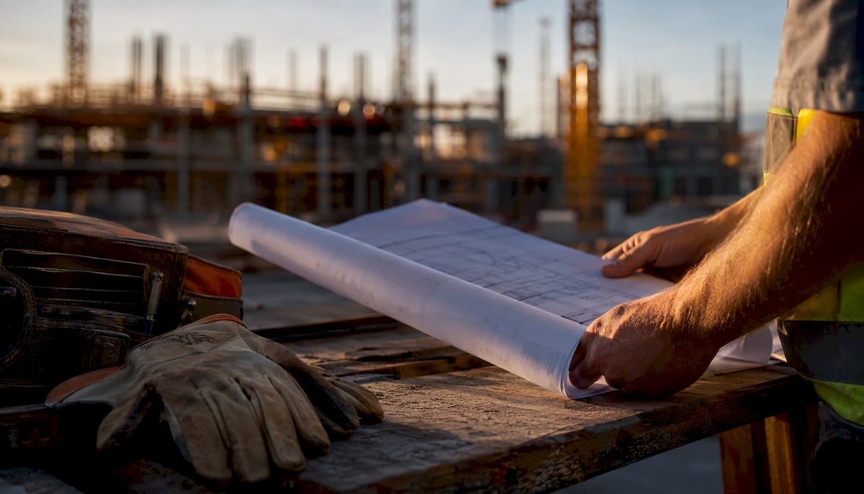 Construction project manager reviewing blueprints on site