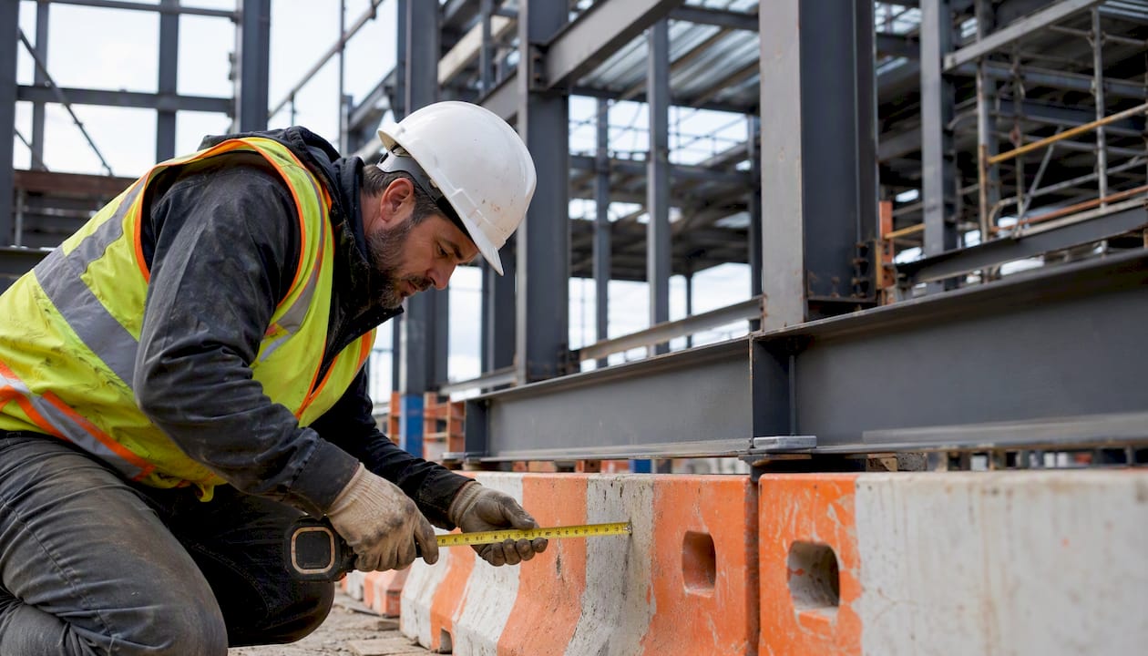 Construction supervisor measuring steel beam on site