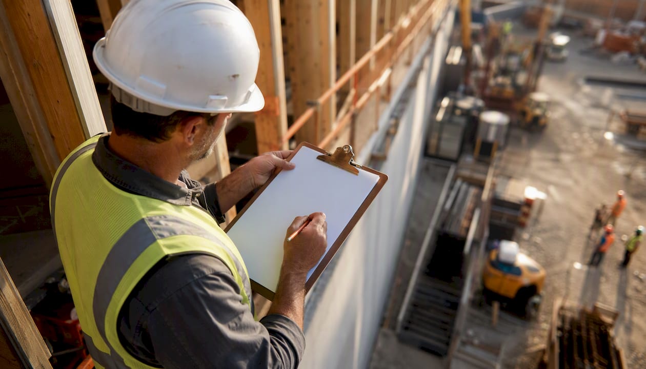 Project manager marking clipboard at construction site