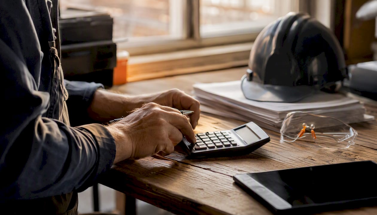 Hands calculating payroll data at construction site