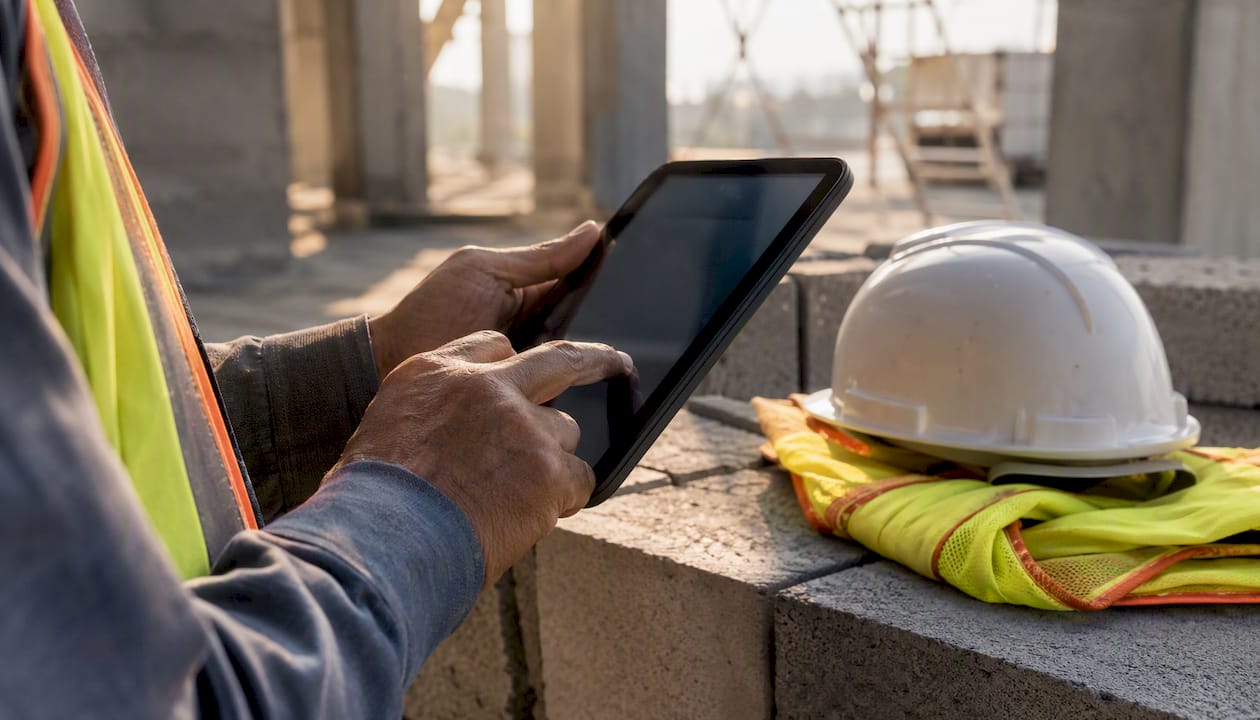 Worker with tablet at construction site