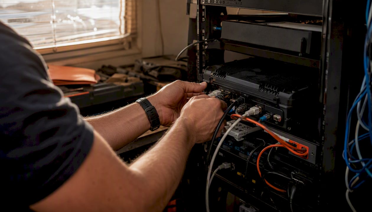 Hands installing cybersecurity device onsite