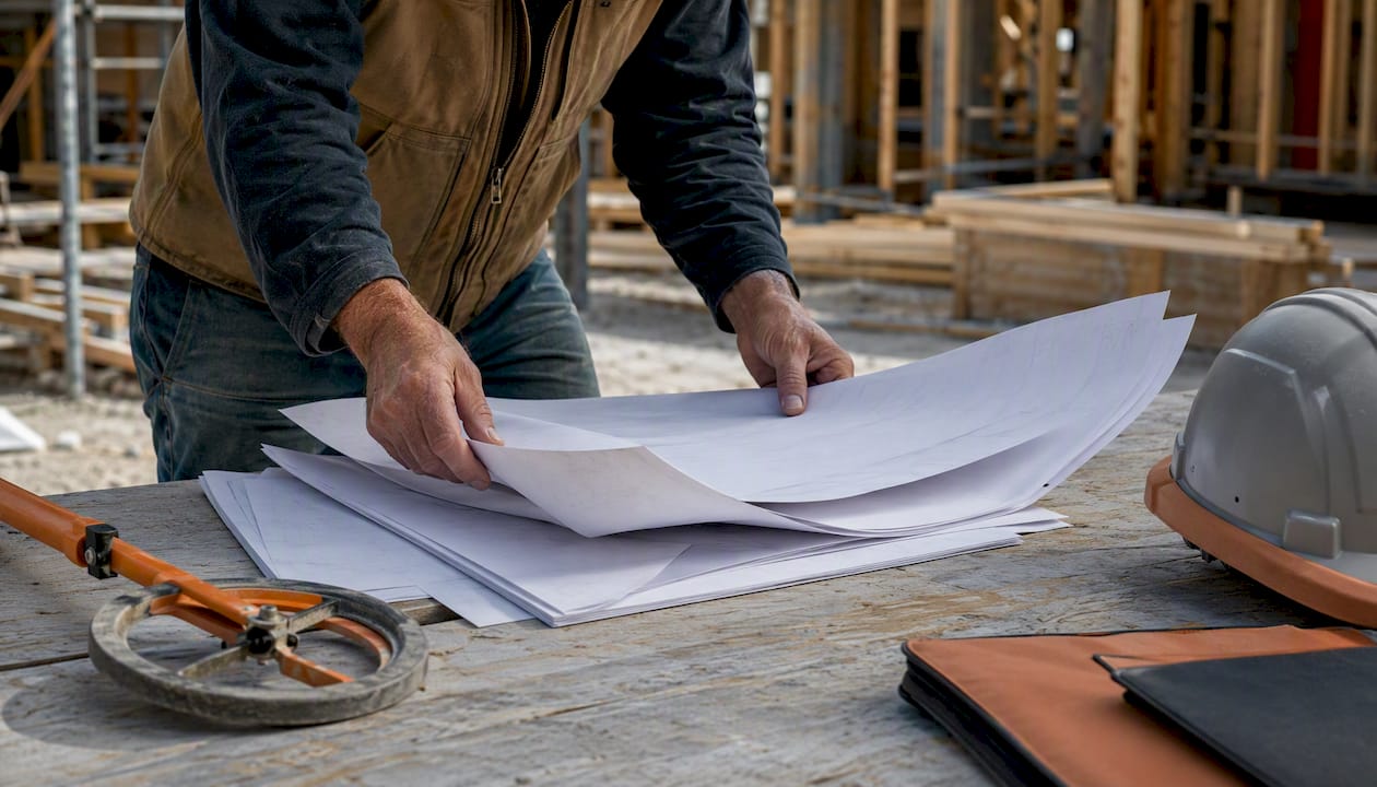 Hands of project coordinator adjusting blueprint onsite