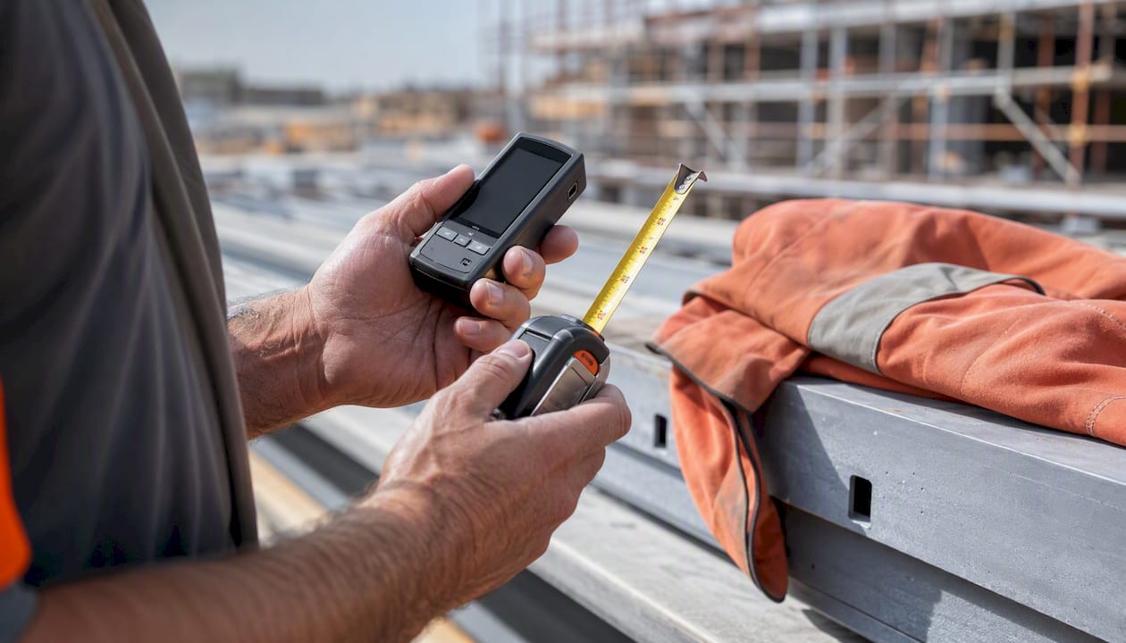 Hands comparing tech tools onsite at construction project