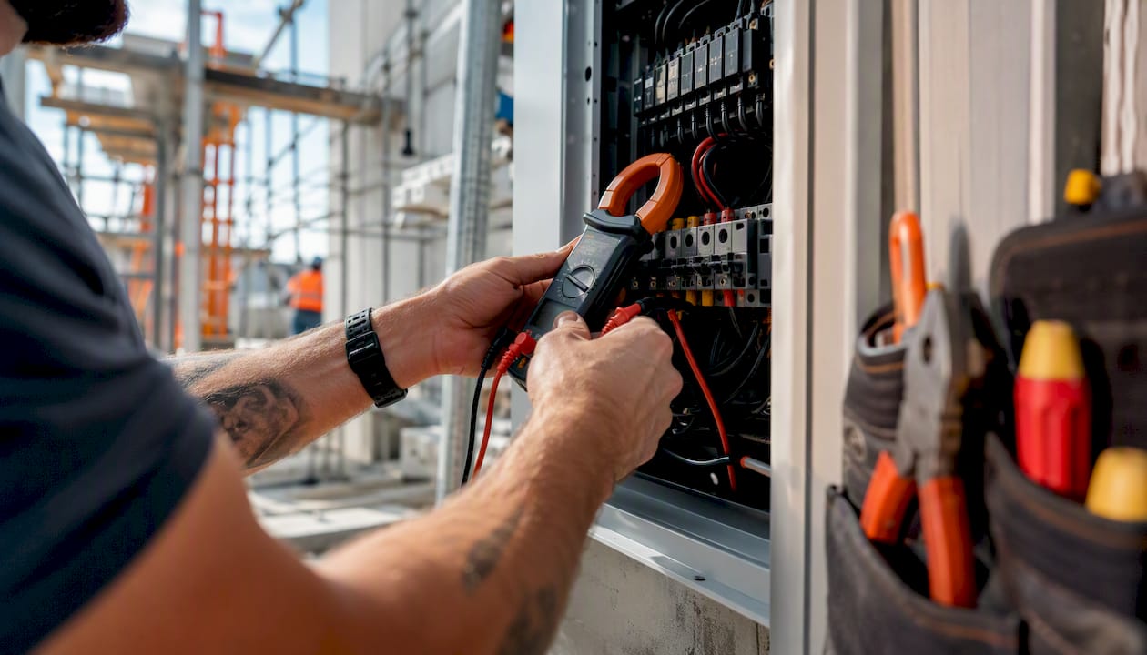 Electrician measuring current at electrical panel