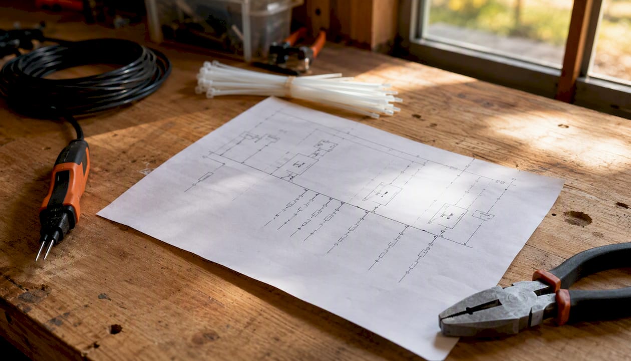 Pinned one-line electrical diagram on corkboard