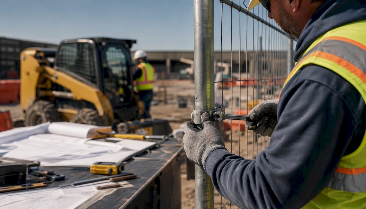 Foreman securing safety fence at construction site