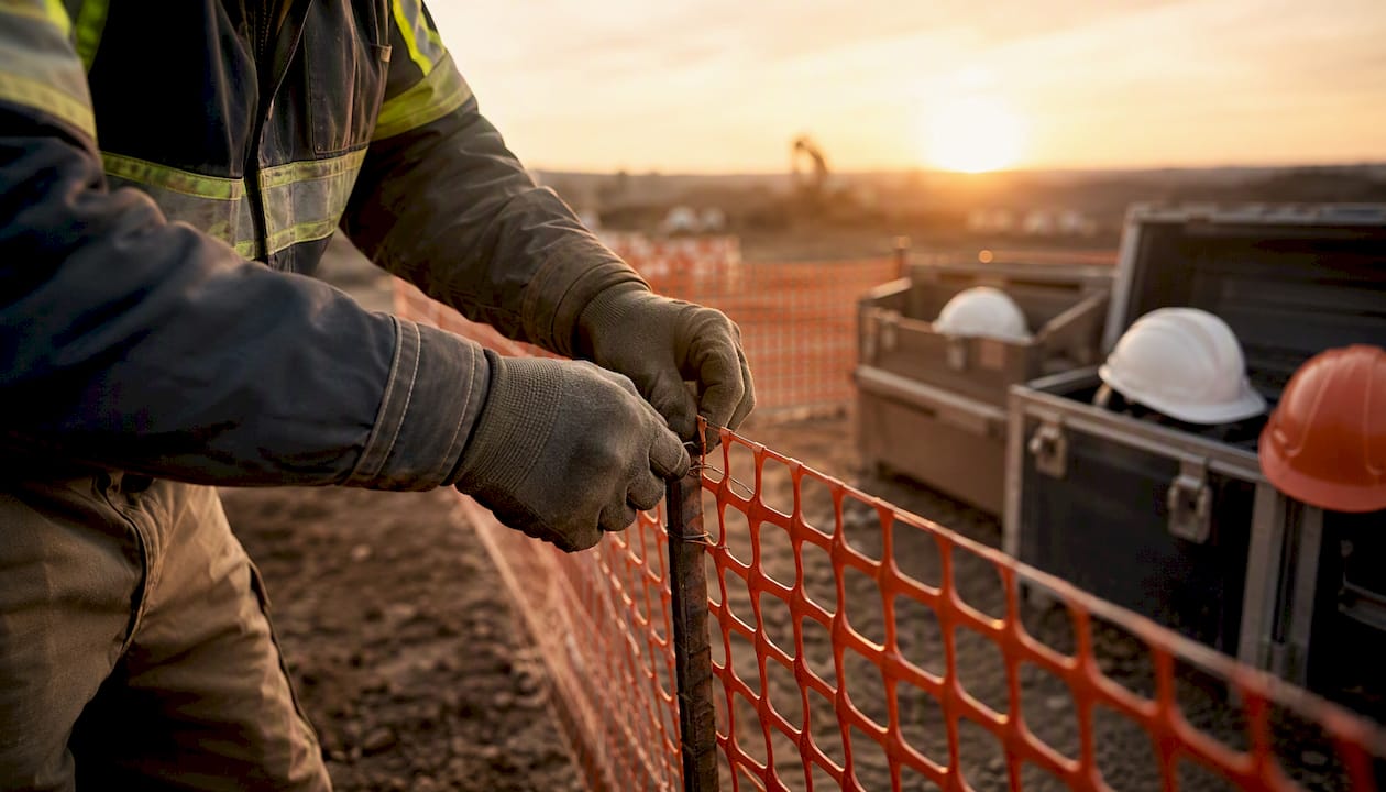 Workers installing safety fencing during mobilization