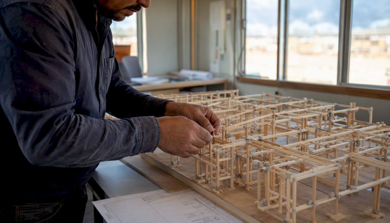 Subcontractor hands arranging construction sequence model
