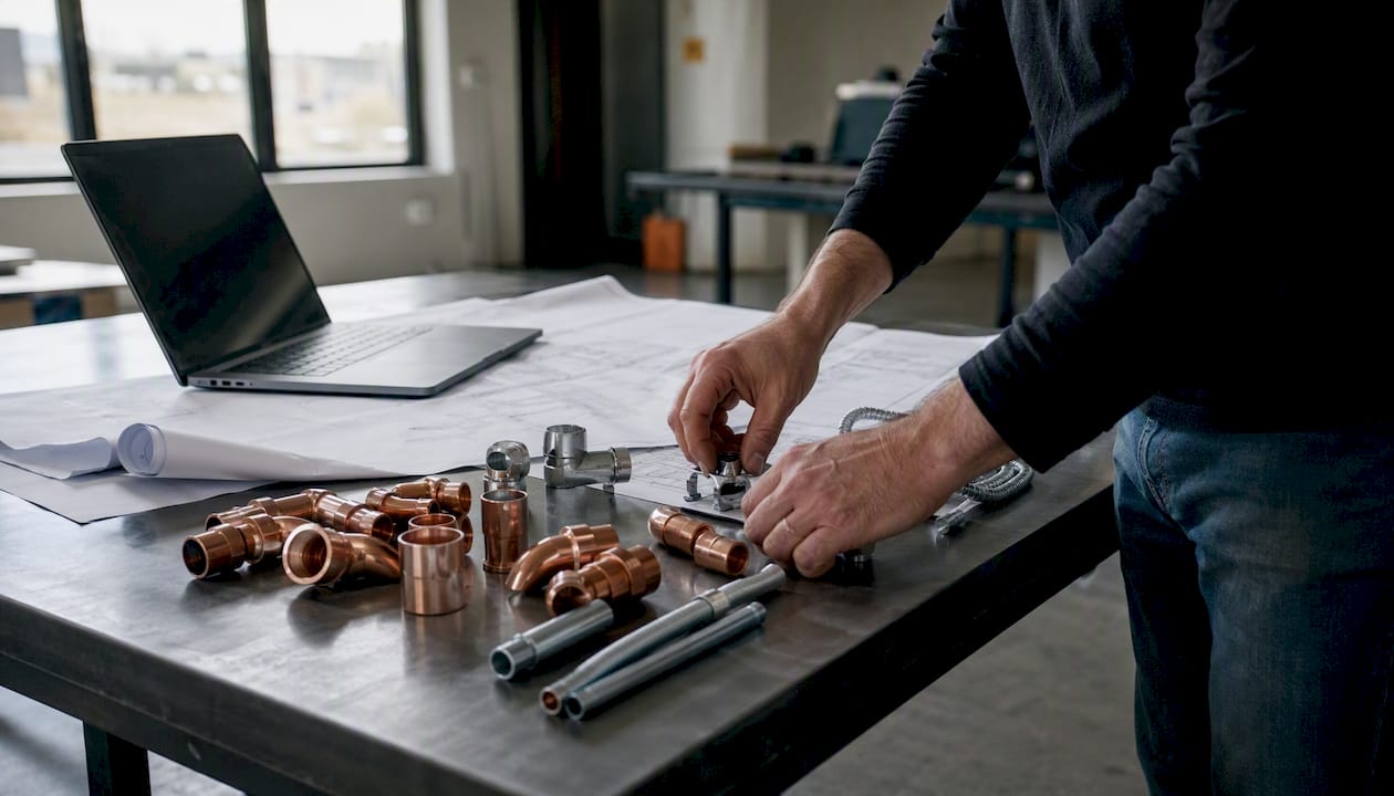 Hands sorting electrical wires and conduit on workbench