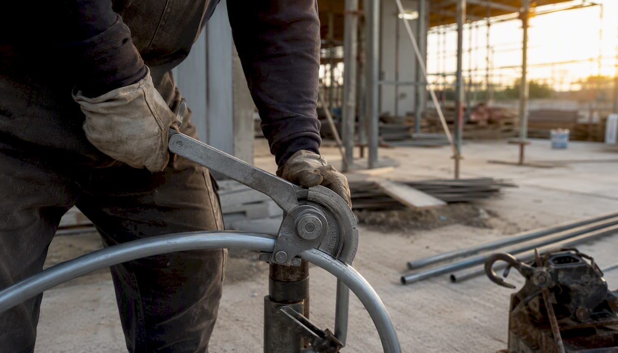 Hands bending conduit with cable puller equipment nearby