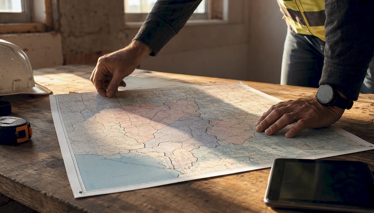 Hands pinning construction service area map