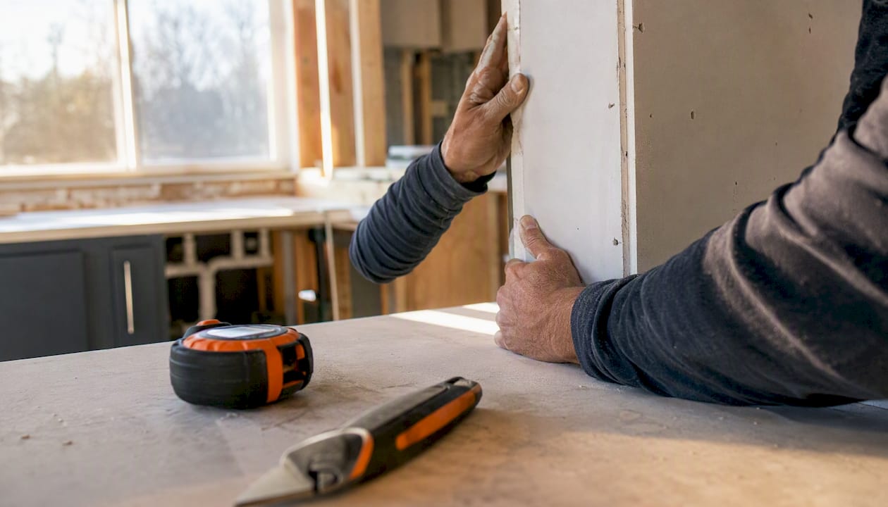 Hands installing drywall on construction site