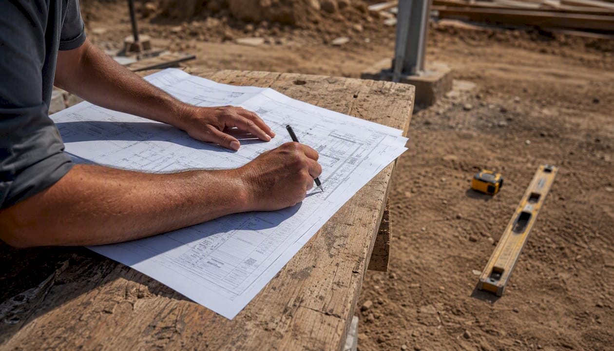 Estimator hands marking piping takeoff sheet