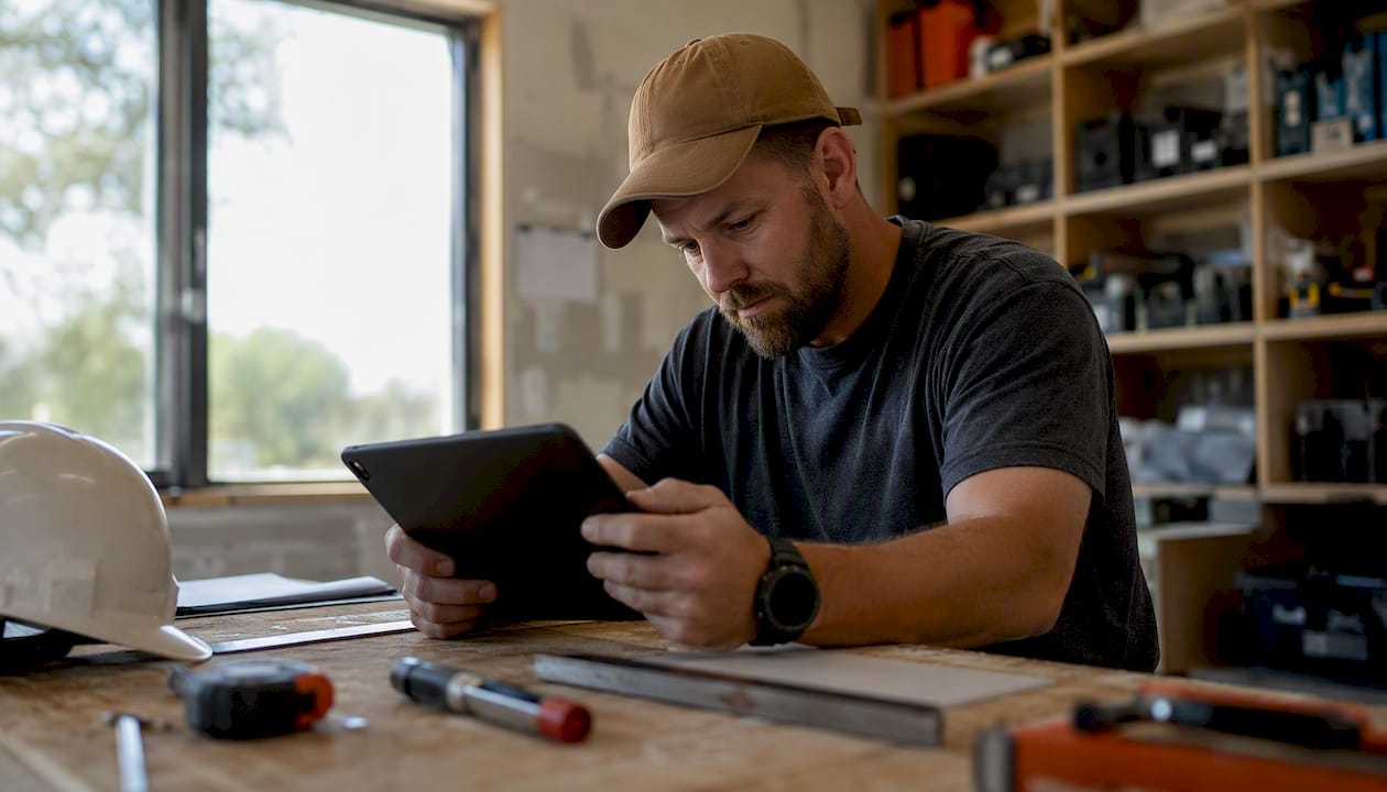 Contractor’s off-screen tablet with construction tools