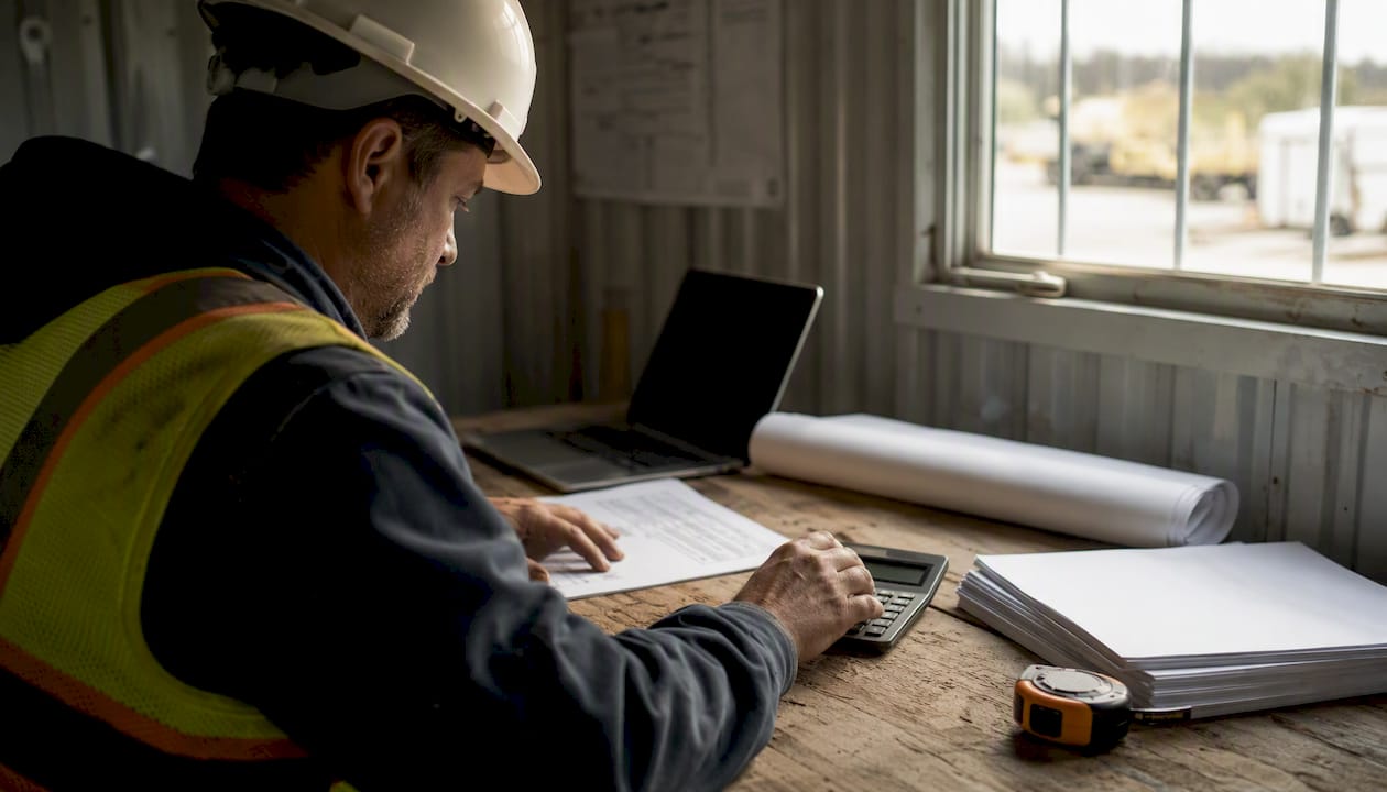 Hands calculating payroll burden on construction table