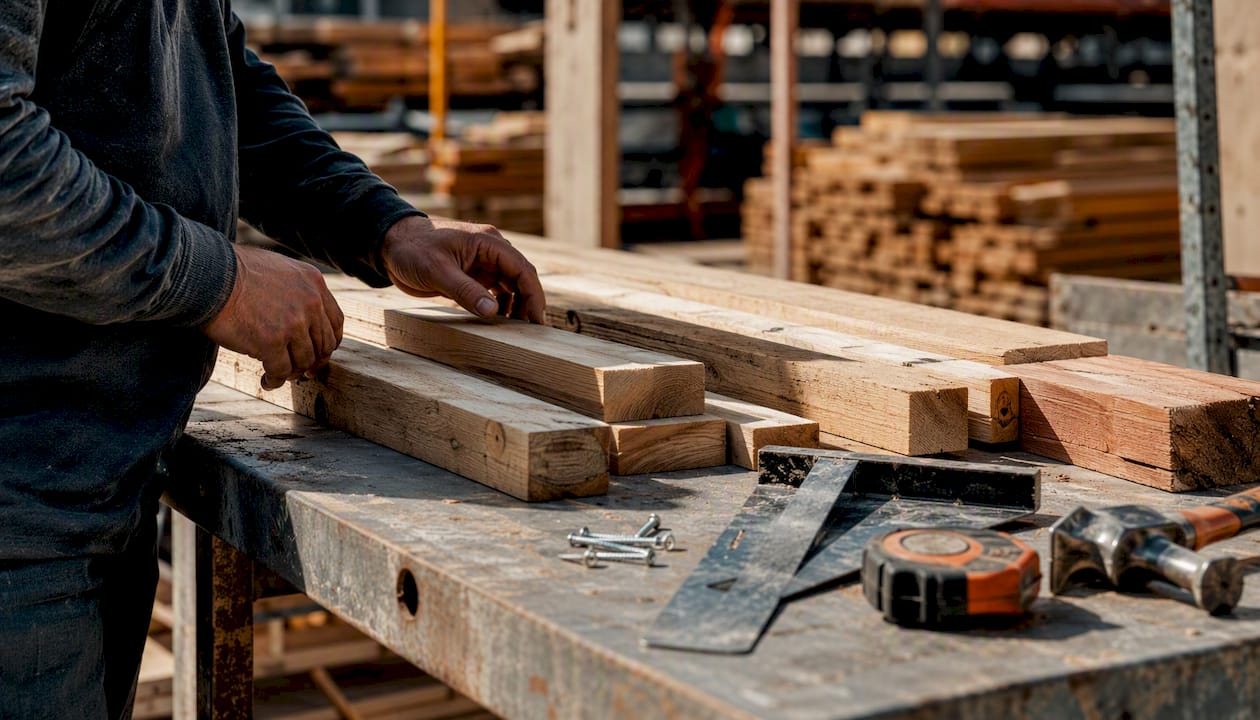 Subcontractor hands inspecting lumber and tools