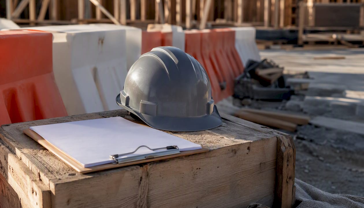 Empty hardhat and clipboard symbolizing subcontractor engagement