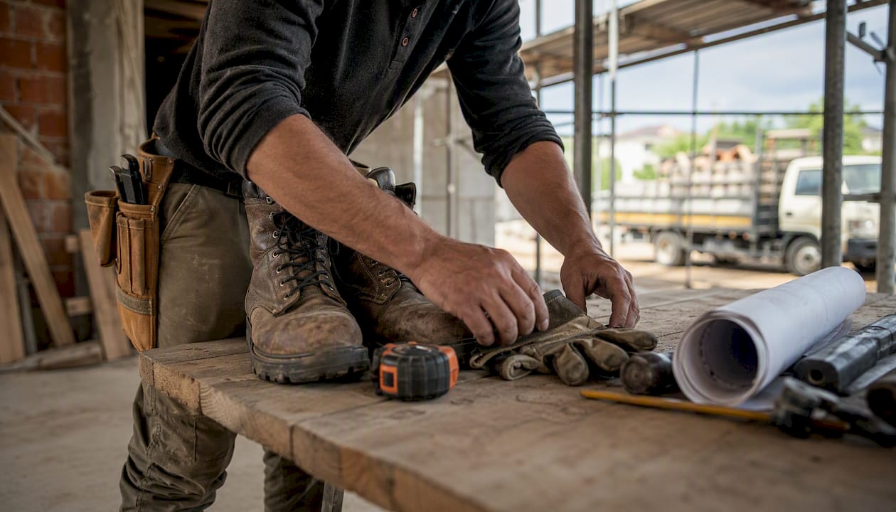 Contractor arranging subcontractor tools on jobsite bench