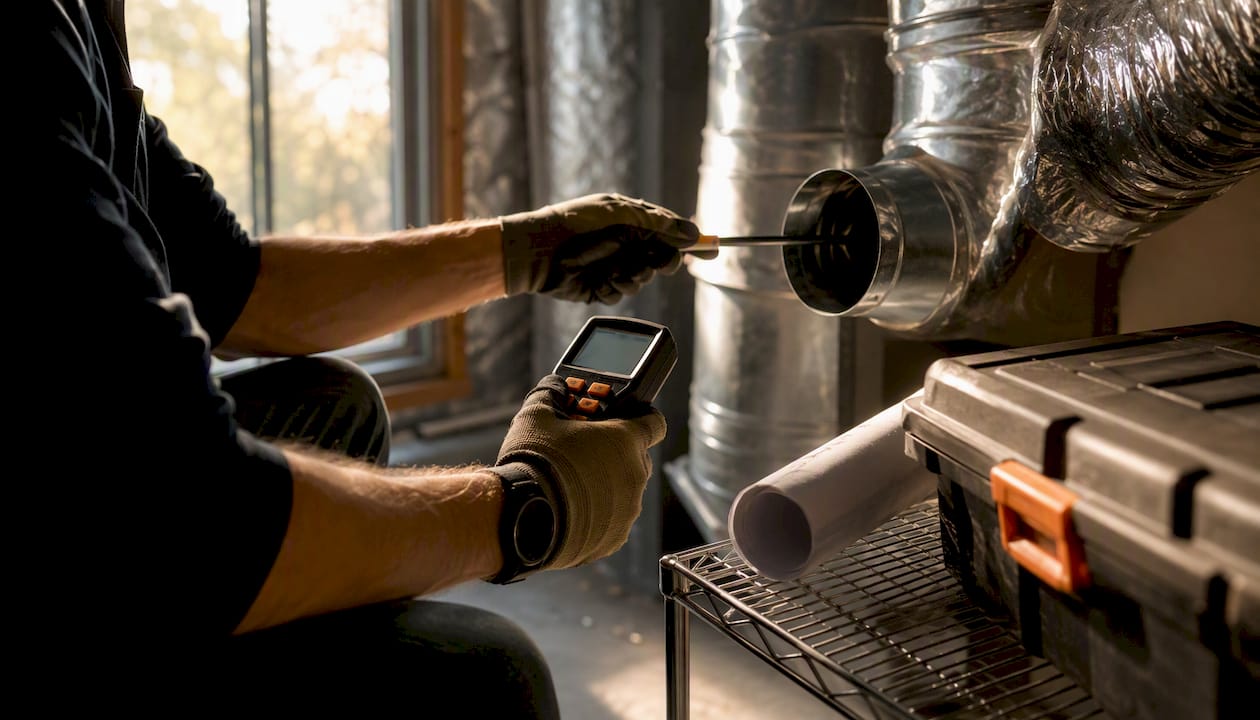Technician measuring airflow in duct
