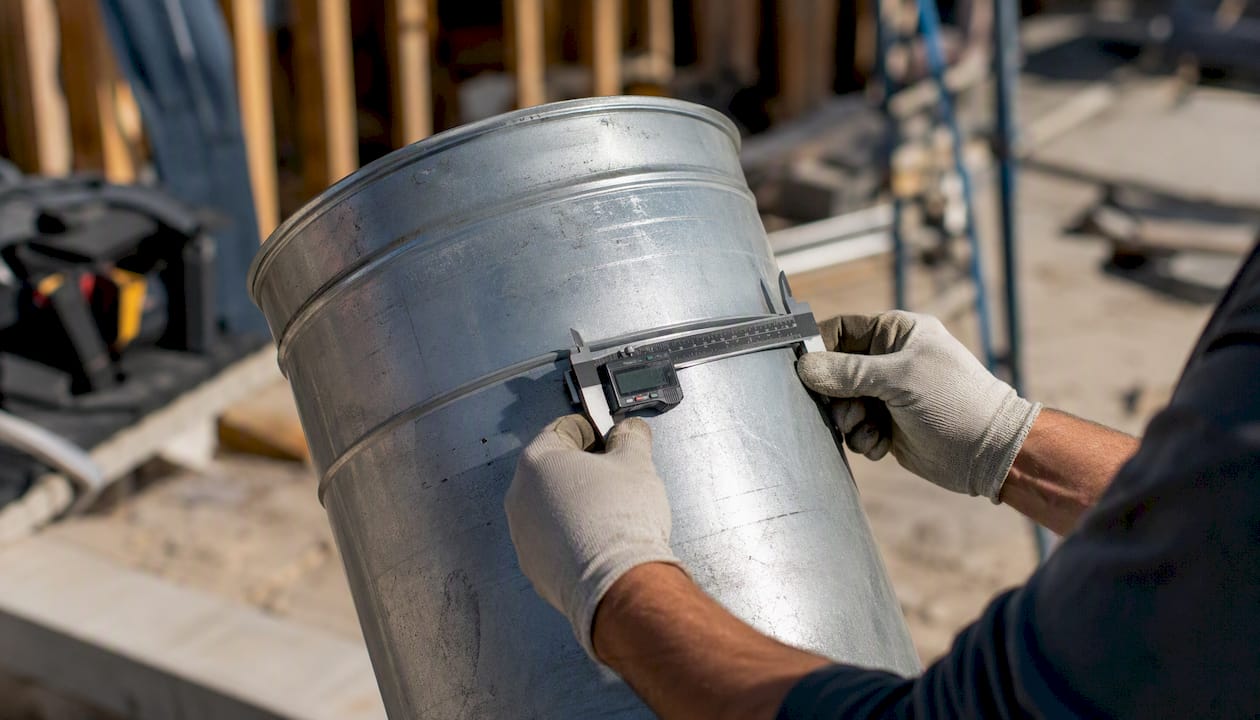 Hands measuring duct diameter with caliper