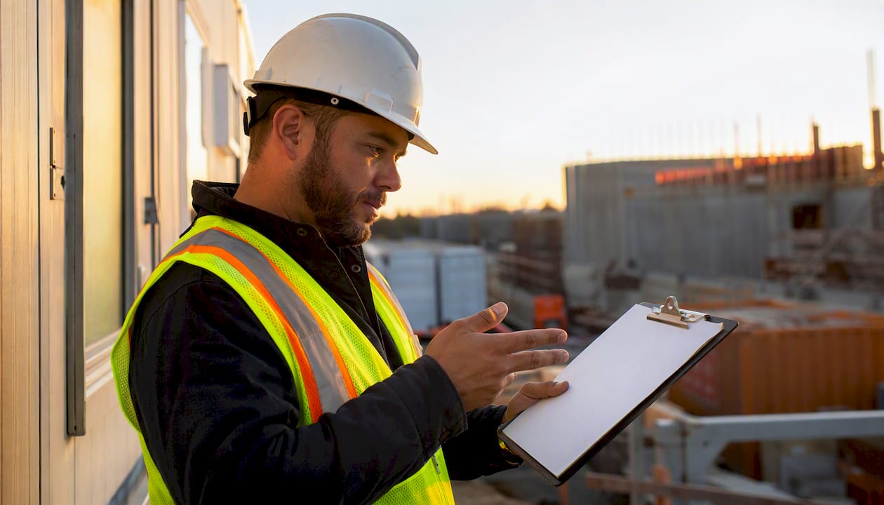 Construction worker reviewing wage data outdoors