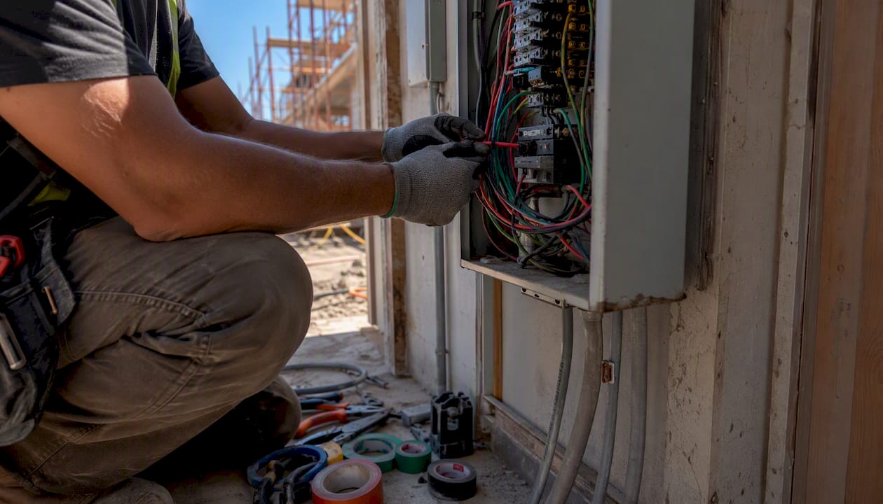 Electricians wiring electrical panel at construction site