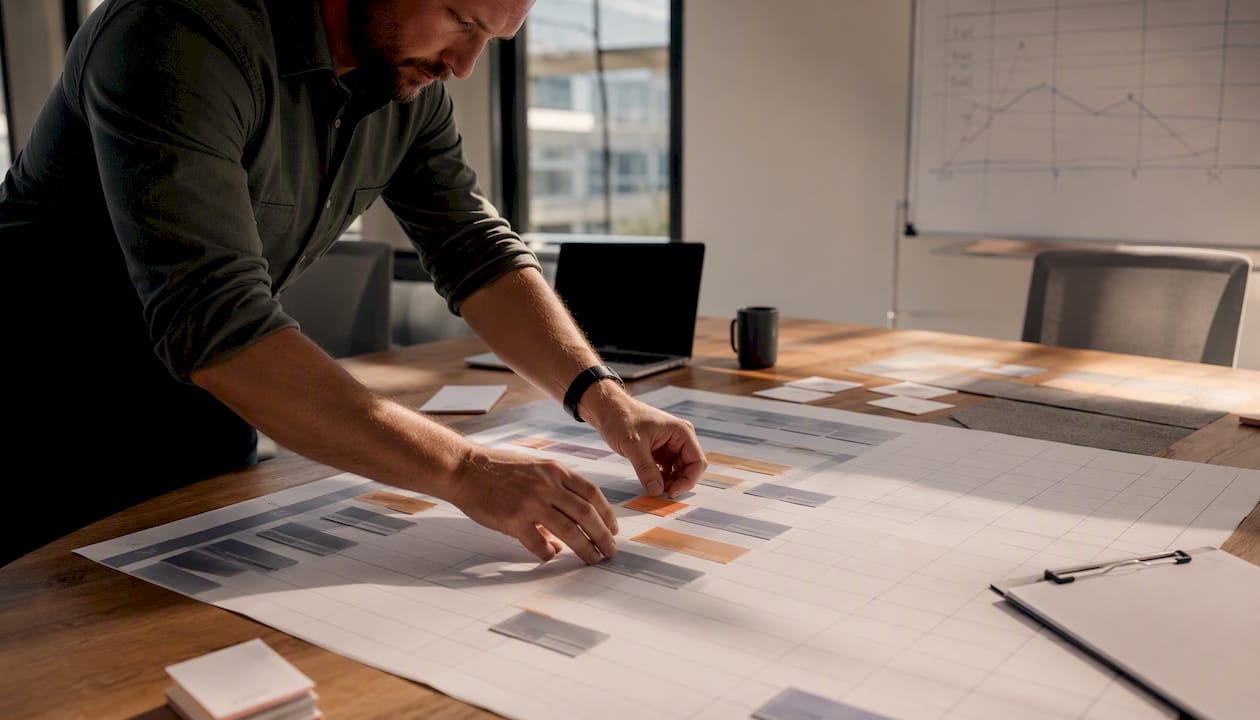Hands arranging staffing schedule on construction office desk
