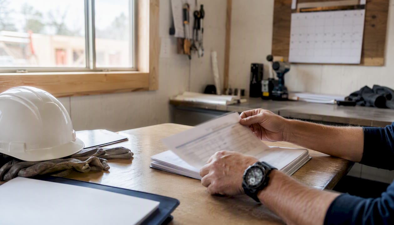Hands pointing at certified payroll records in trailer office