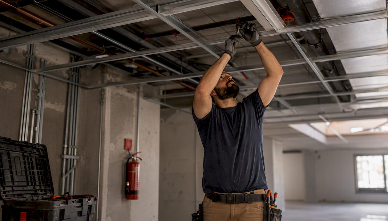 Hands wiring fire sprinkler installation