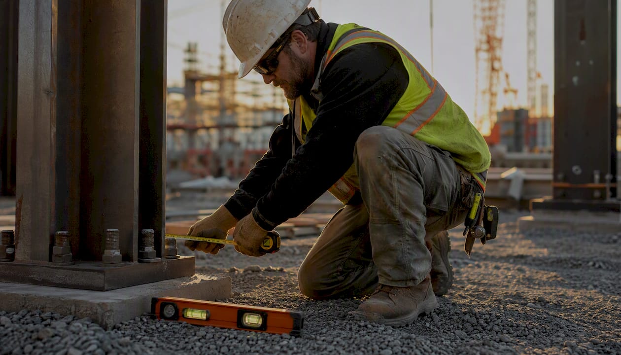 Subcontractor measuring steel beam on site