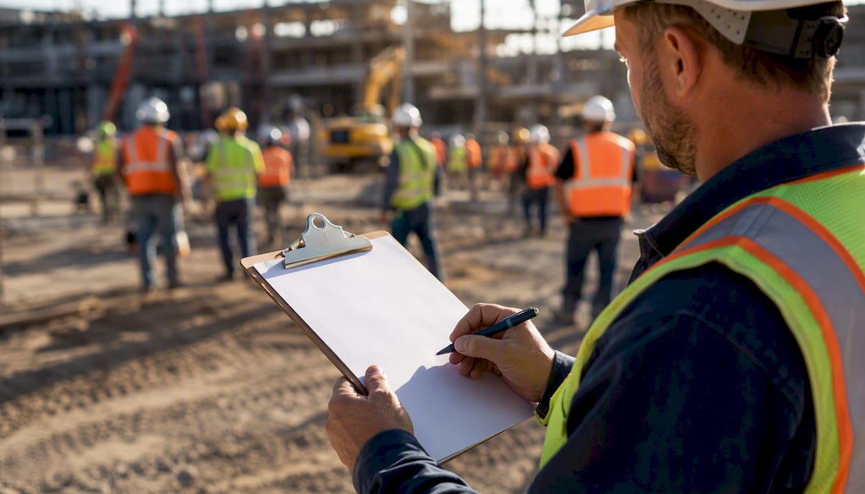 Foreman counting apprentices on construction site