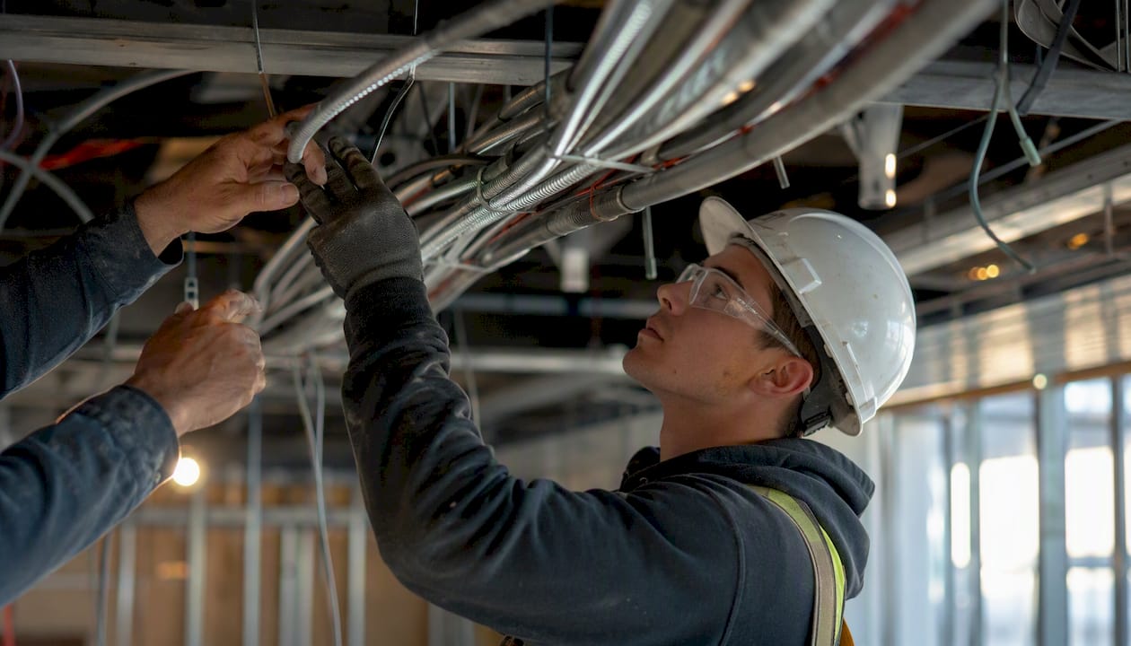 Electrician apprentice wiring electrical conduits