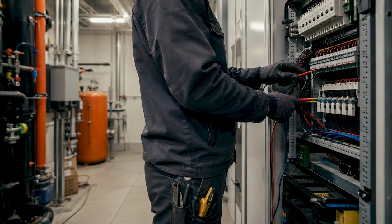 Hands wiring industrial electrical panel