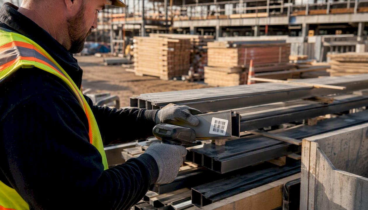 Hands scanning construction materials on site
