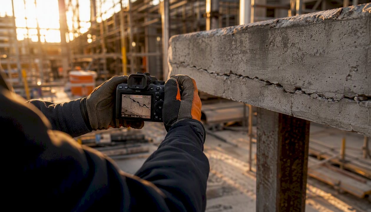 Hands photographing cracked beam on construction site